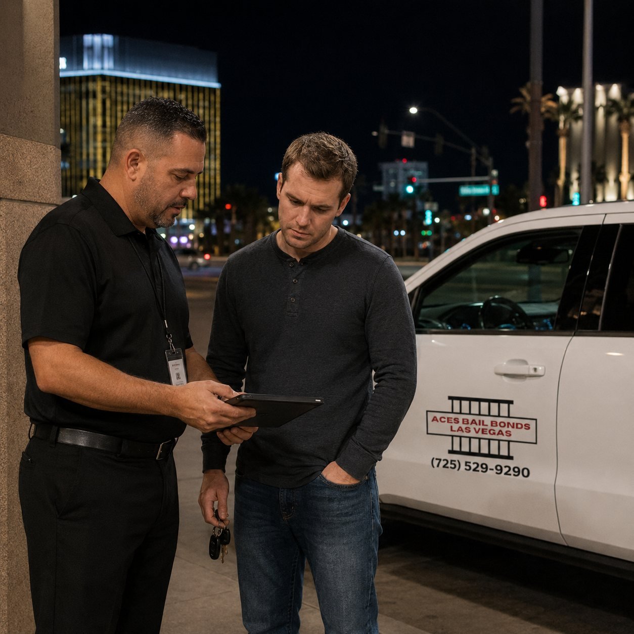 A licensed Aces bail agent reviews booking information with a client beside a company vehicle on a Las Vegas street at night.