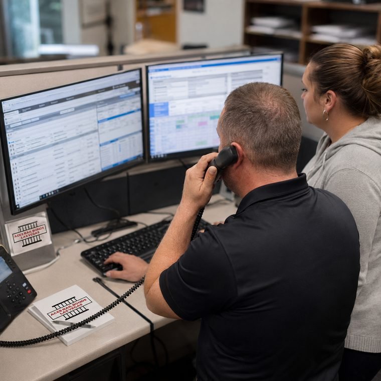 A bail agent searches booking and custody records for a caller at the Aces Las Vegas office.